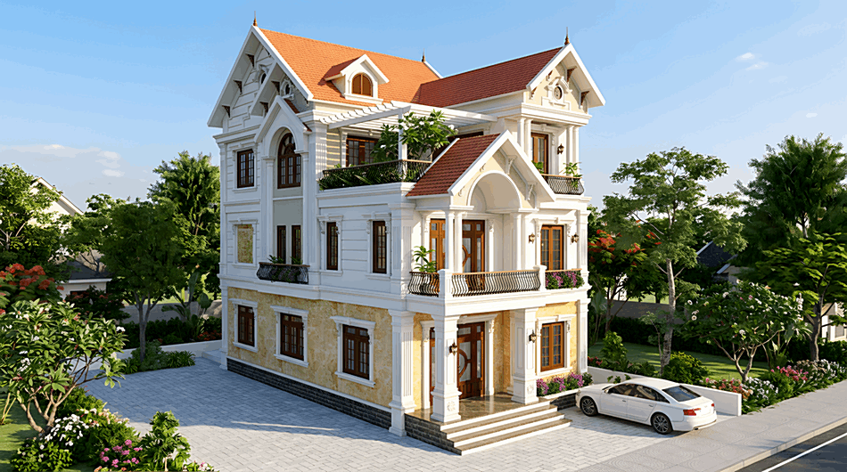 Mẫu biệt thự 3 tầng tân cổ điển mái thái diện tích 8x14,5m tại hải dương 4