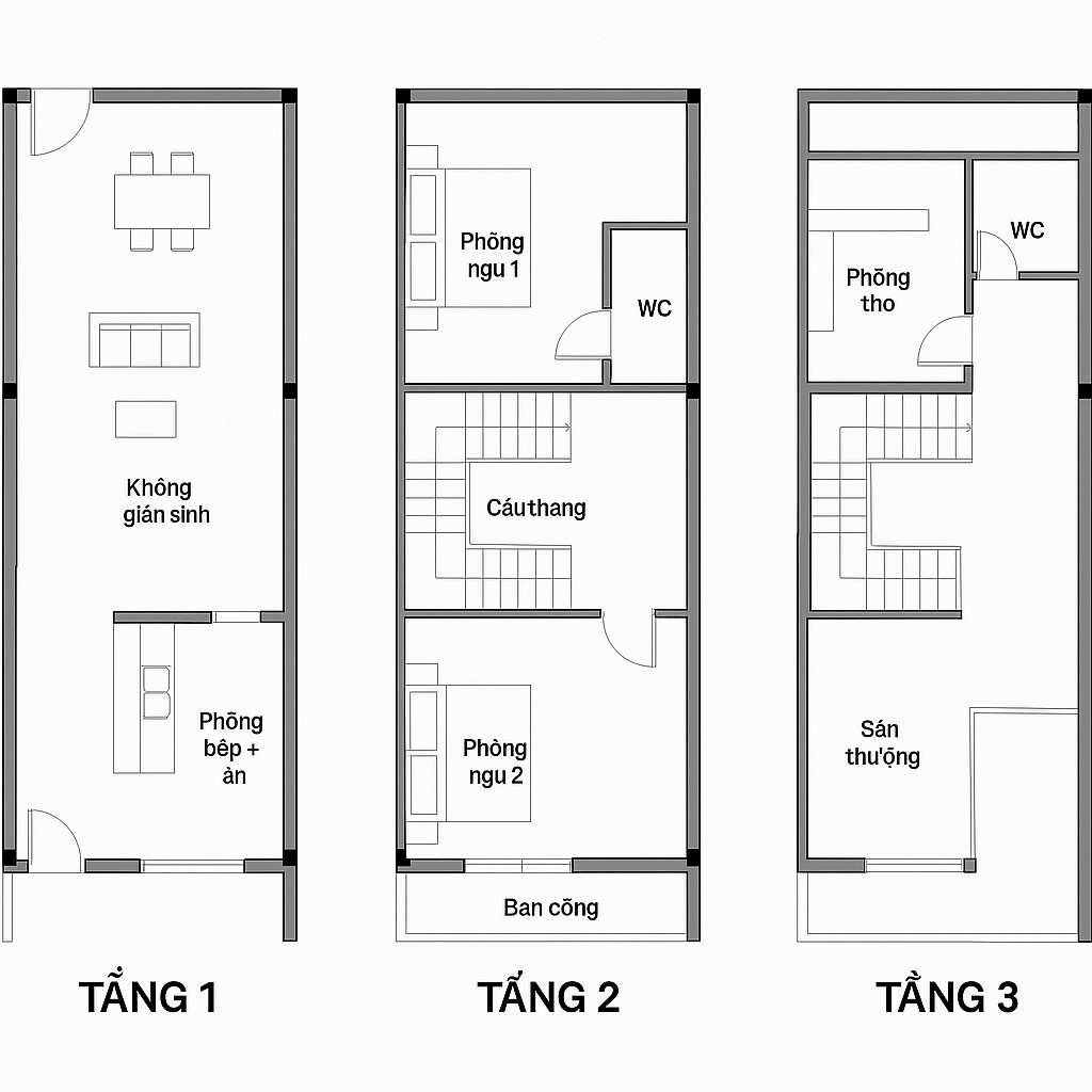 mặt bằng nhà phố 3 tầng lô góc 2
